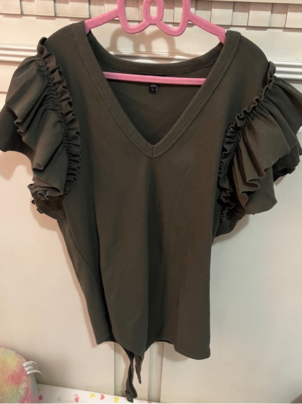 Express Olive Ruffle Sleeve V-Neck Top